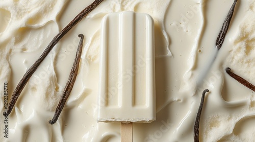 A Delicious White Popsicle Resting Among Vanilla Beans Close Up photo