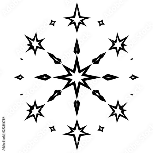 Black-and-white starburst pattern with a central star and additional surrounding stars, isolated on white.