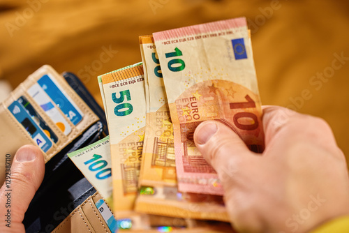 Wallet with euro banknotes and credit cards. Close up of purse with cash money. Concept of personal finance, cash payments and savings