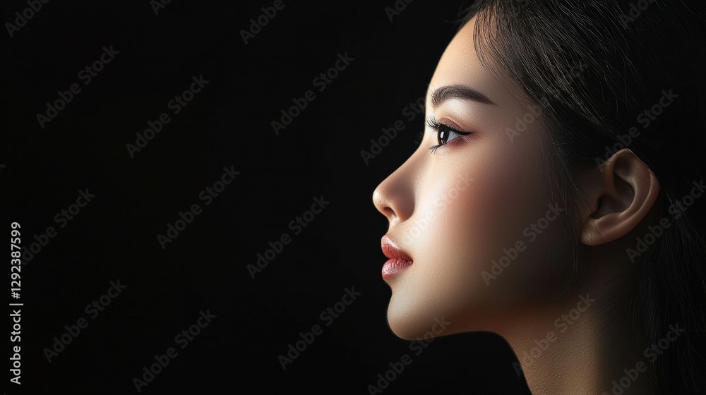 Fototapeta premium Elegant profile portrait of a young woman on a dark background