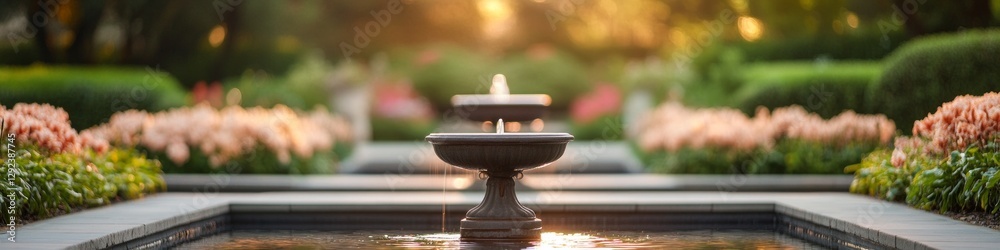 Serene garden fountain at sunset, reflecting golden light.