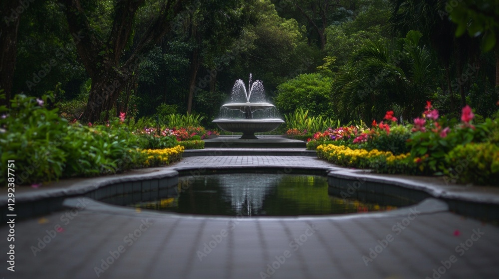 Obraz premium Serene garden fountain with vibrant flowers.