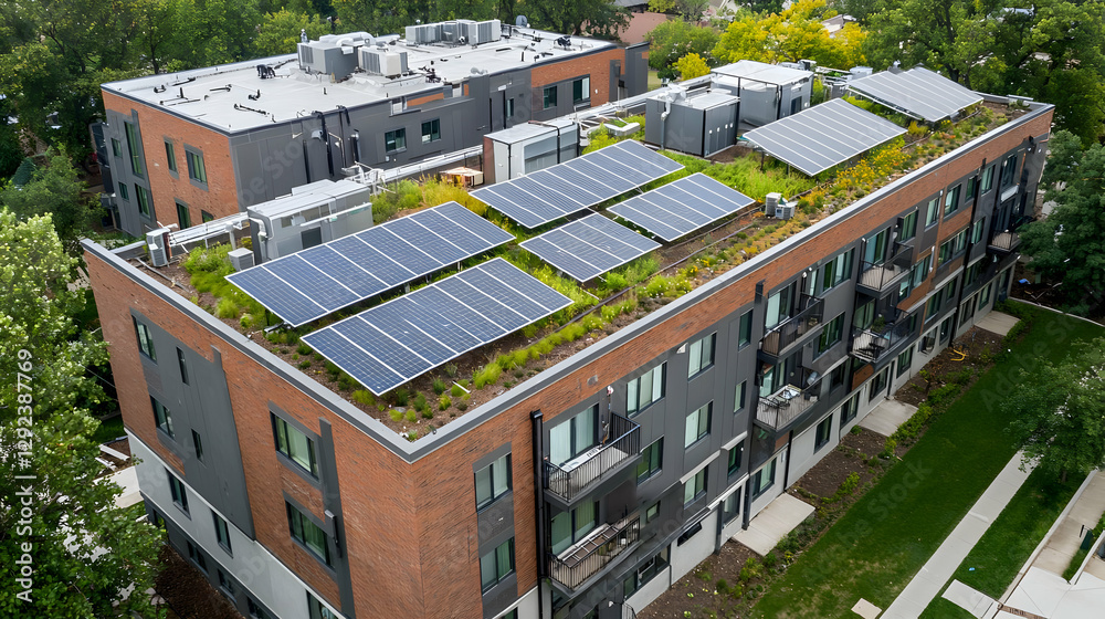 Fototapeta premium Aerial View of Urban Cityscape with Solar Panels on Rooftops in European Town