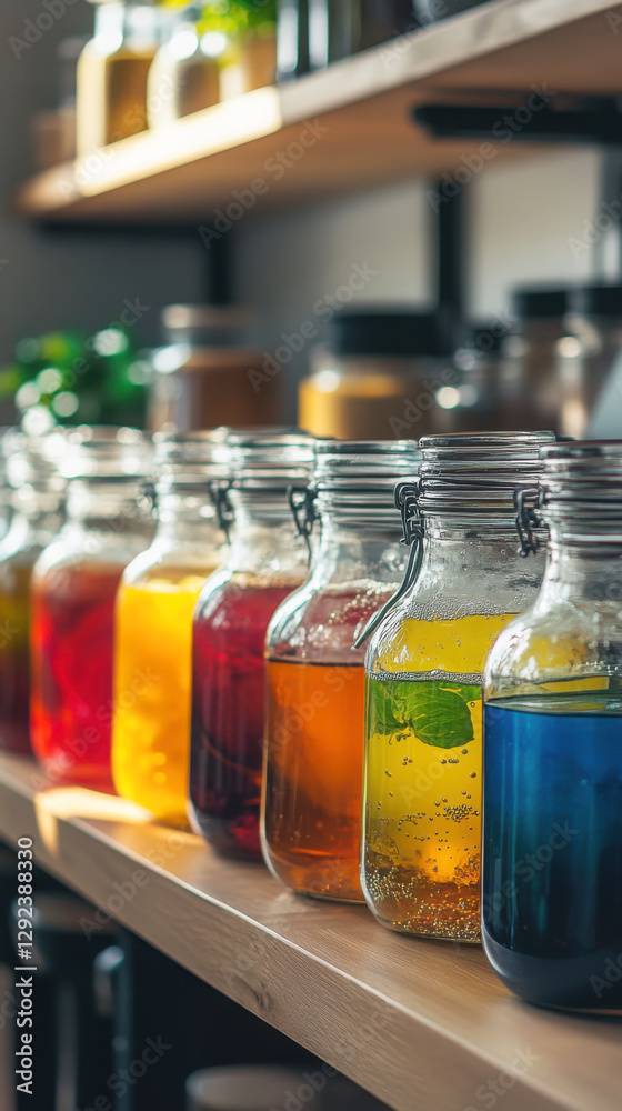 Collection of colorful glass jars with infused beverages on a shelf Collection of colorful glass jars with infused beverages on a shelf