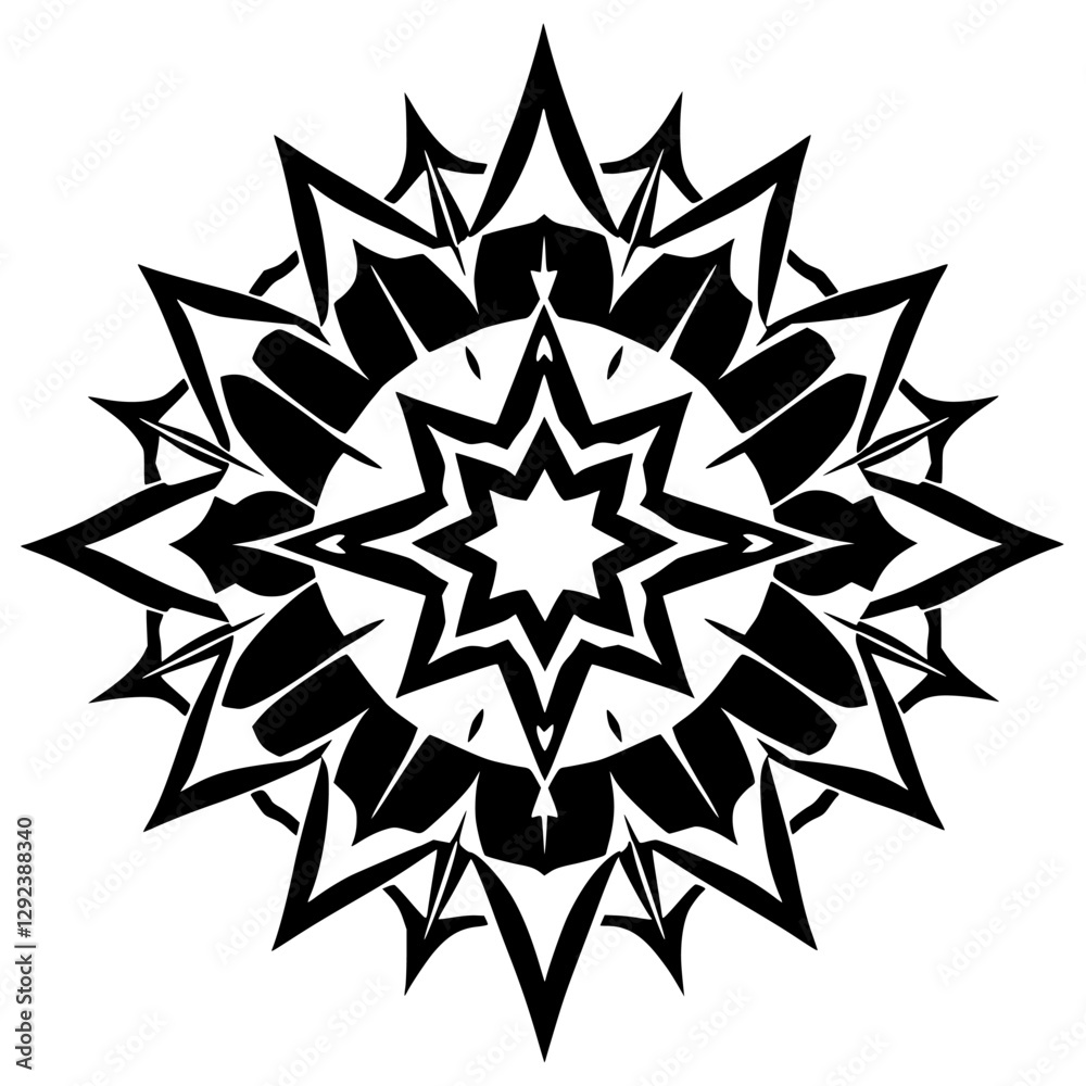 Obraz premium Black and white symmetrical starburst mandala with spikes and sharp edges. A minimalist composition.