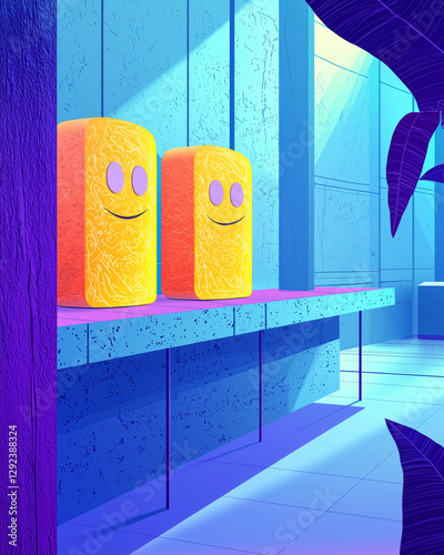 Smiling Blocks in Futuristic Room
