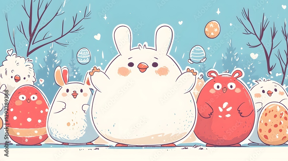 Obraz premium Playful whimsical adventure colorful cartoon characters on an easter egg hunt