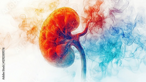 Abstract kidney illustration with dynamic red orange and blue smoke effects on white background