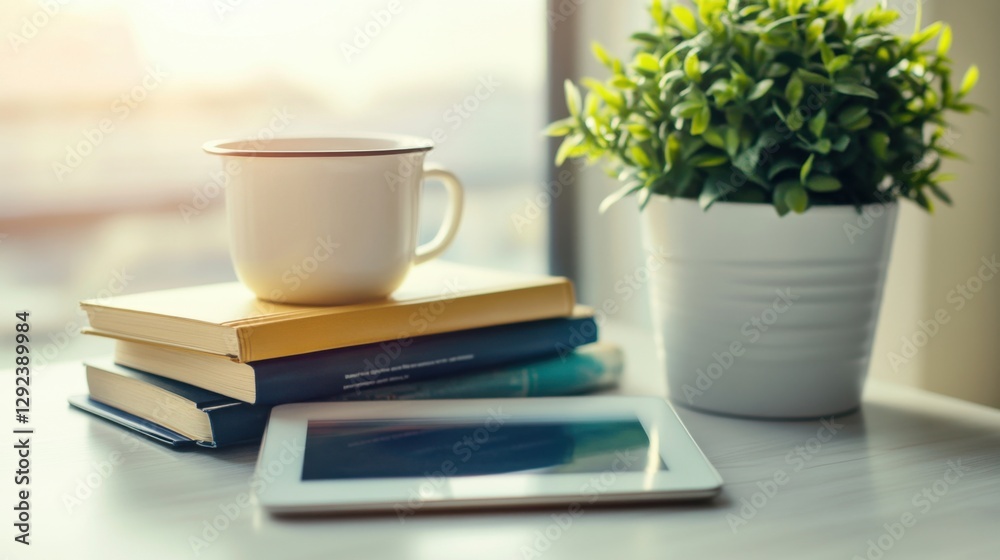 Cozy Workspace with Coffee Cup, Stack of Books, and Tablet Device Against Soft Natural Light, Perfect for Productive and Comfortable Environment Cozy Workspace with Coffee Cup, Stack of Books, and Tablet Device Against Soft Natural Light, Perfect for Productive and Comfortable Environment