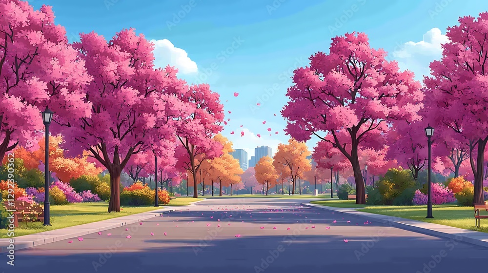 Naklejka premium Pink trees, city park, spring, petals