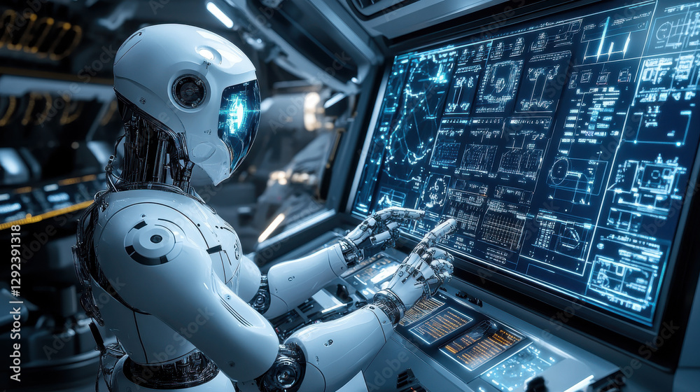 Futuristic white humanoid robot operating advanced touchscreen interface in a high-tech control room with digital blueprints Futuristic white humanoid robot operating advanced touchscreen interface in a high-tech control room with digital blueprints
