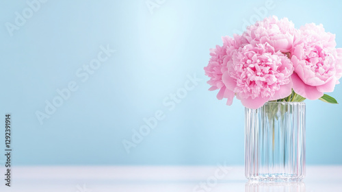 Fototapeta Naklejka Na Ścianę i Meble -  Elegant bouquet of pink peonies in glass vase against blue background for floral decor