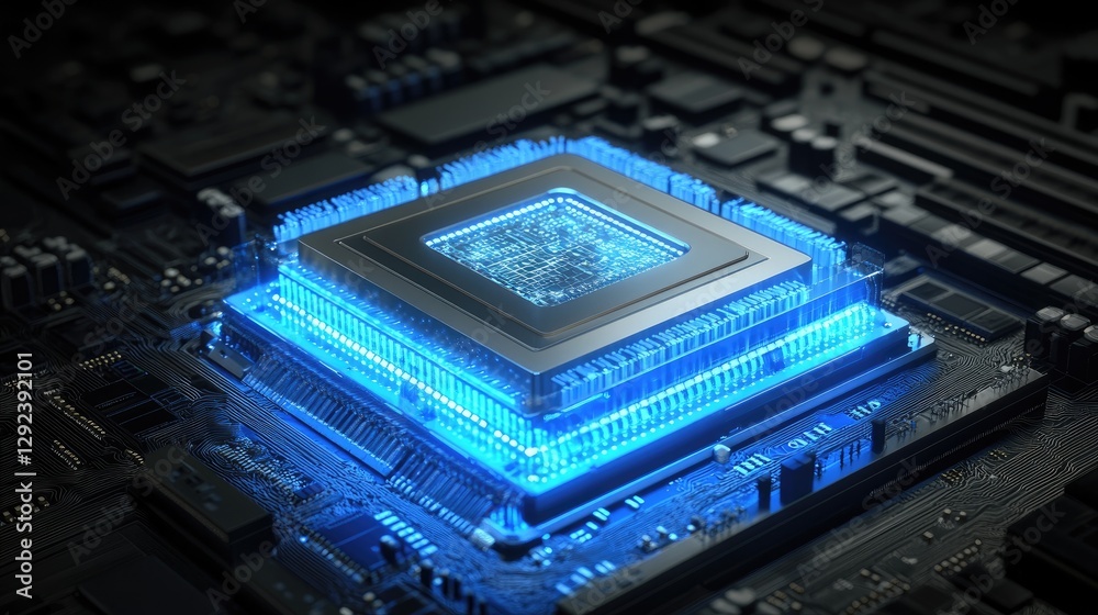 Fototapeta premium Holographic brain with advanced data links transmitting into a transparent, high-speed processor.