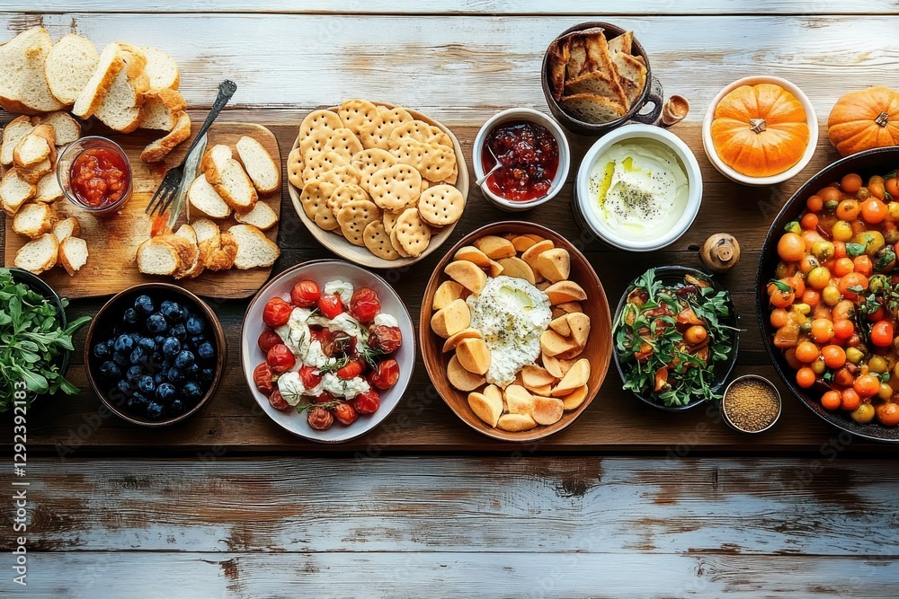Autumn Feast with Charcuterie Board and Seasonal Dips against Rustic Wood Background Autumn Feast with Charcuterie Board and Seasonal Dips against Rustic Wood Background