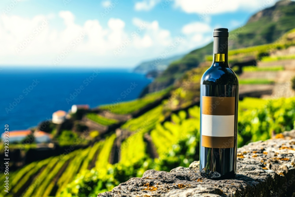  Wine bottle mockup with stunning Madeira vineyard and ocean backdrop, perfect for branding or promotions
