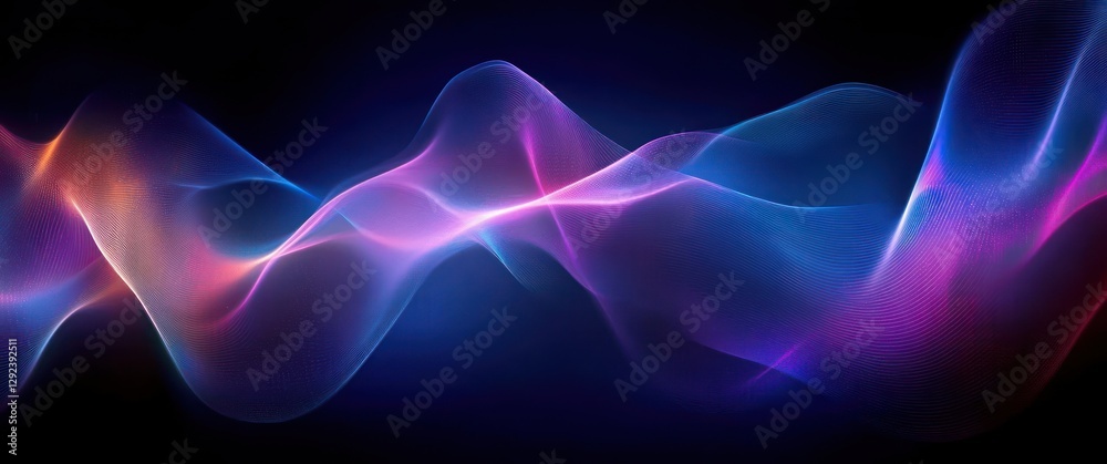Fototapeta premium Vibrant Abstract Wave Forms Dynamic Flowing Lines Particle Pattern Neon Light on Dark Blue Background Futuristic Design