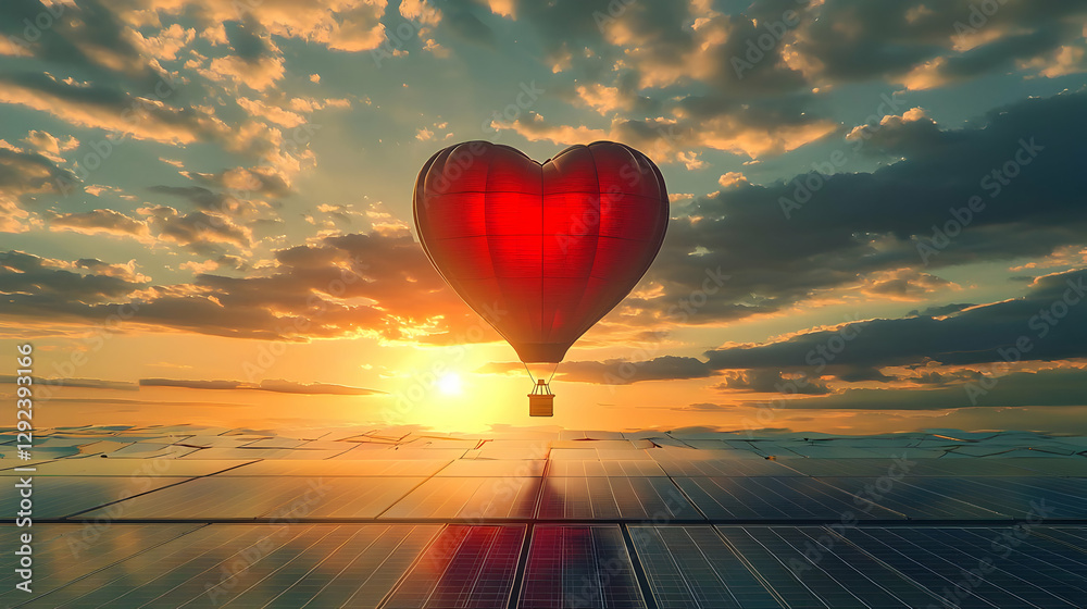 Fototapeta premium Romantic Valentine Photo of a Heart Shaped Air Balloon Over Solar Panels