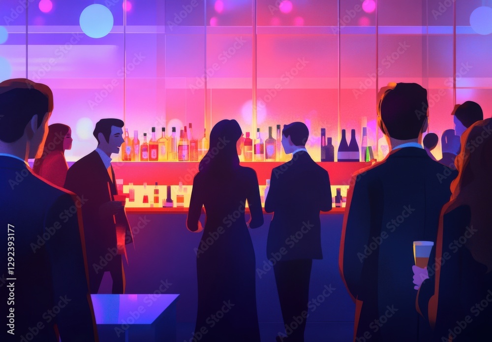 Obraz premium A group of people enjoying drinks and socializing at a lively party atmosphere, A corporate event with people networking and mingling.