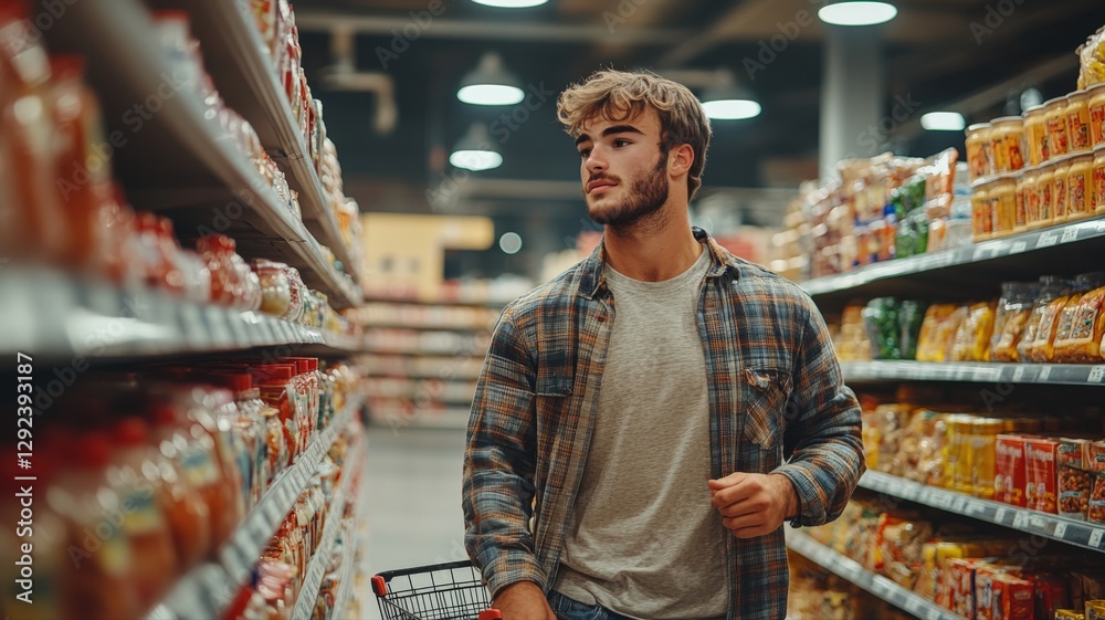 Obraz premium Young man with beard shopping in supermarket aisle