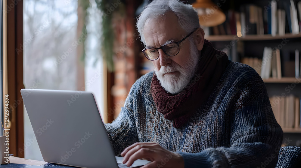 Obraz premium Elderly Man Working On Laptop In Home Office