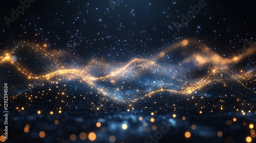 Golden particles flowing like liquid with some glowing blue and white dots on a dark background