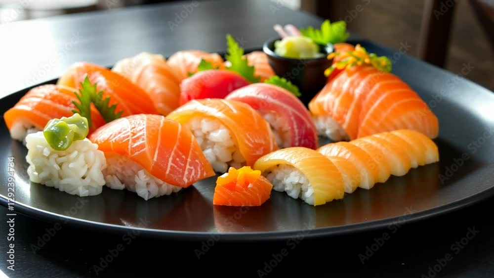 Fresh Sushi Platter with Salmon Nigiri and Maki Rolls Fresh Sushi Platter with Salmon Nigiri and Maki Rolls