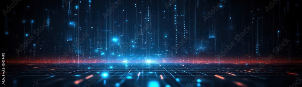 Futuristic Abstract Digital Landscape with Neon Blue Light Geometric Circuit Board Design for Modern Communication Technology and Big Data Illustration Futuristic Abstract Digital Landscape with Neon Blue Light Geometric Circuit Board Design for Modern Communication Technology and Big Data Illustration
