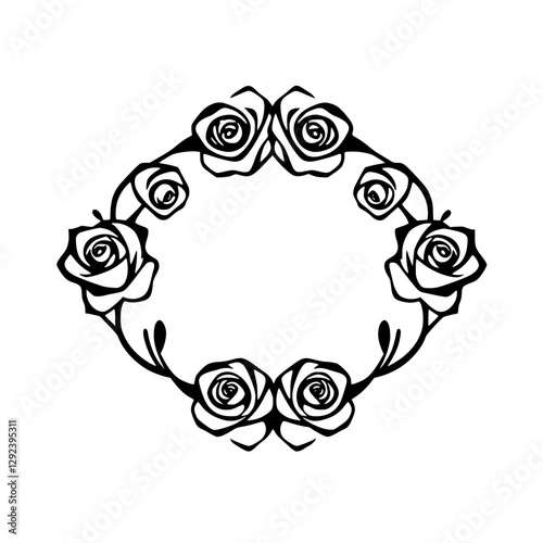 Elegant floral vector illustration depicting a ring-shaped frame made of roses, a simple black and white design.