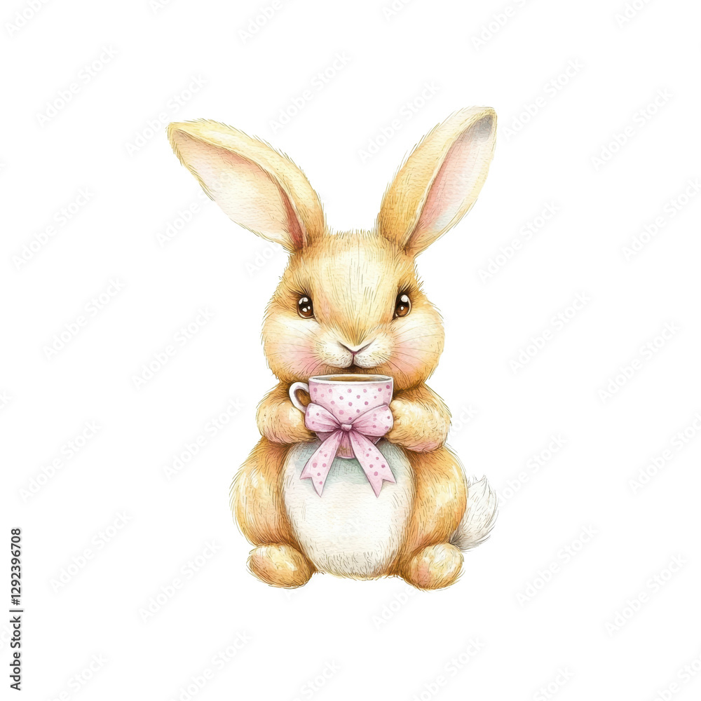Obraz premium lover coffee watercolor clipart, Cute rabbit holding cup with bow, perfect for spring themes