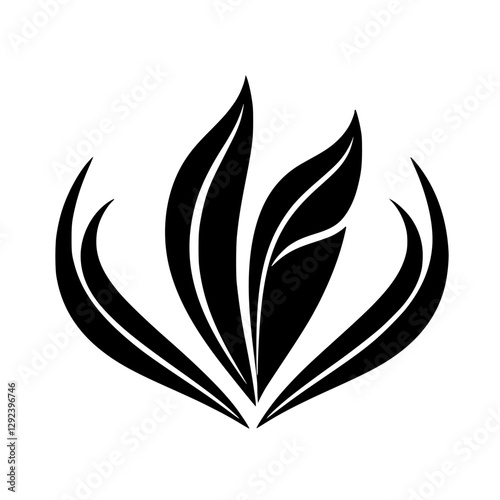 Abstract botanical illustration of black leaf shapes, minimalist design with artistic simplicity on a white background.