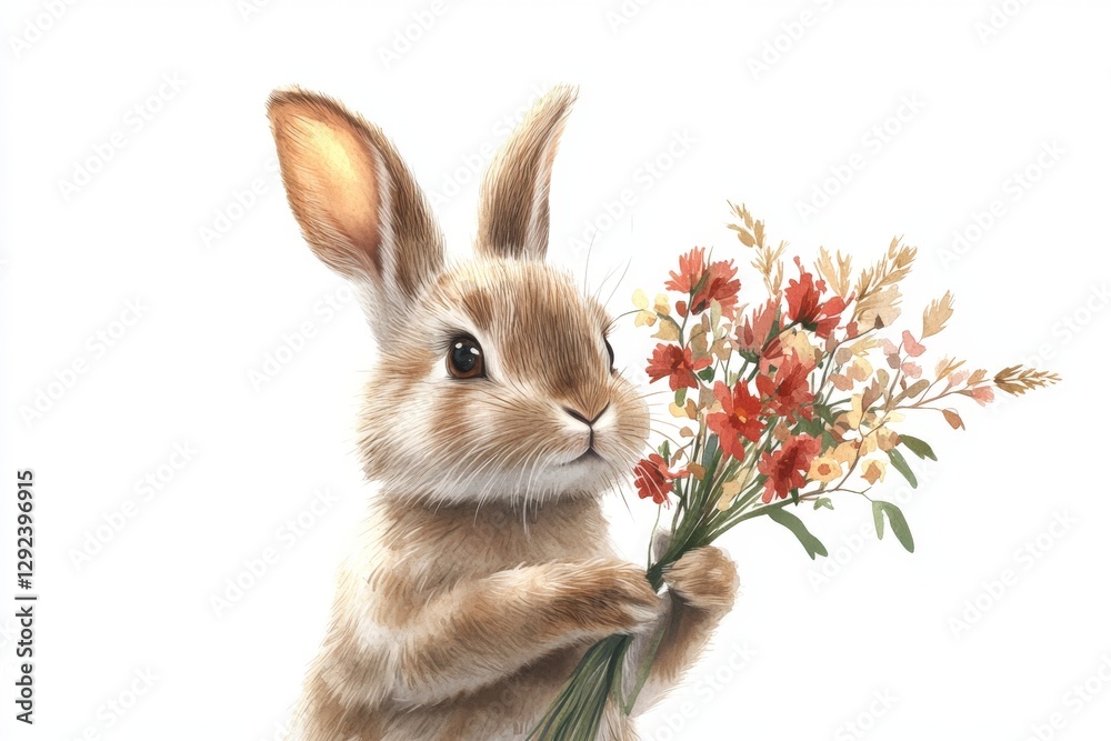 Obraz premium Cute rabbit holding a bouquet of colorful flowers in a bright setting showcasing its playful spirit