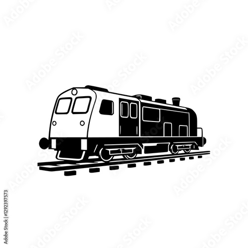 Black-and-white illustration of a diesel locomotive on a railroad track.