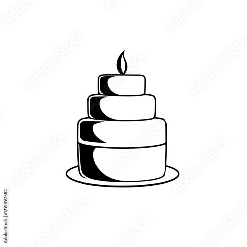 Elegant Minimalist Cake Icon: A black and white vector illustration depicting a four-tiered cake with a single flame atop, set against a clean, white background.