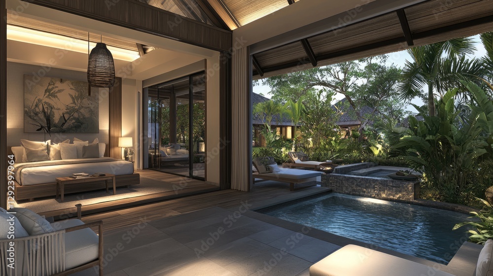 Fototapeta premium Luxury resort room with a private pool, soft ambient lighting, and a tropical garden view