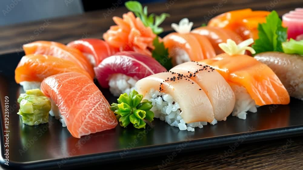 Sushi Assortment with Fresh Salmon Nigiri and Maki Rolls Sushi Assortment with Fresh Salmon Nigiri and Maki Rolls
