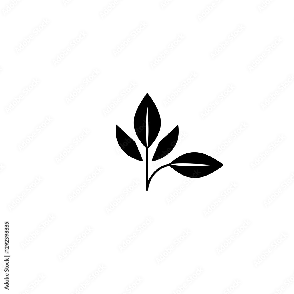 Black and white minimalist design of a plant with three leaves and a branch, against a white background. Black and white minimalist design of a plant with three leaves and a branch, against a white background.