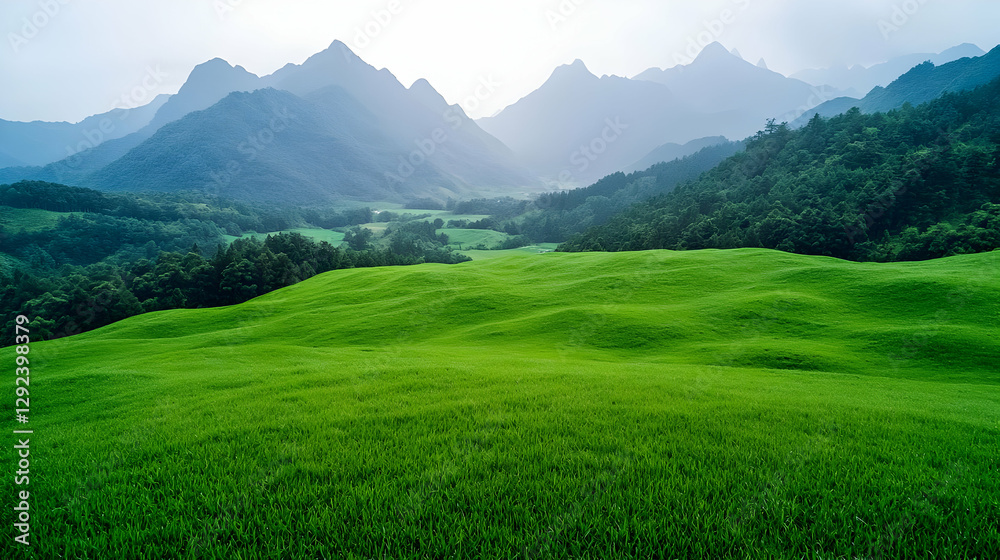 Fototapeta premium Verdant valley, misty mountains, rice paddies, tranquil scene, nature wallpaper