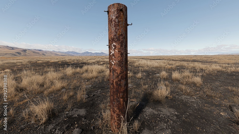 Fototapeta premium Rusty post in desert landscape, background mountains. Use website, texture