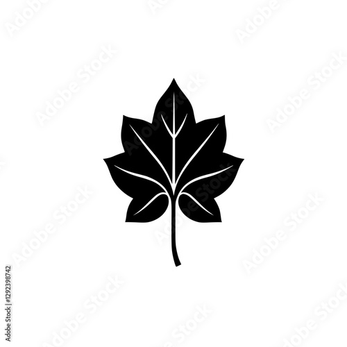 Black and white minimalist illustration of a maple leaf, centered on a white background, with the leaf's internal structure visible.