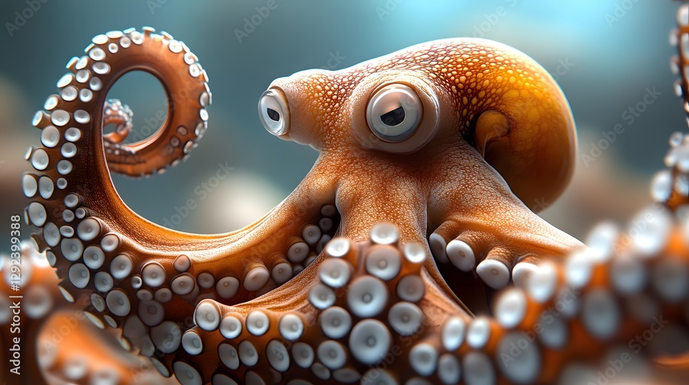 Obraz premium Close Up Portrait Showing A Curious Orange Octopus In Water