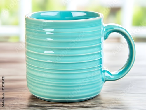 A vibrant turquoise coffee mug sits on a wooden table, with a blurred garden view in the background