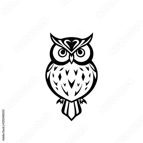 Black and white minimalist owl illustration, silhouette of owl's frontal portrait with a striking geometric design, white backdrop.