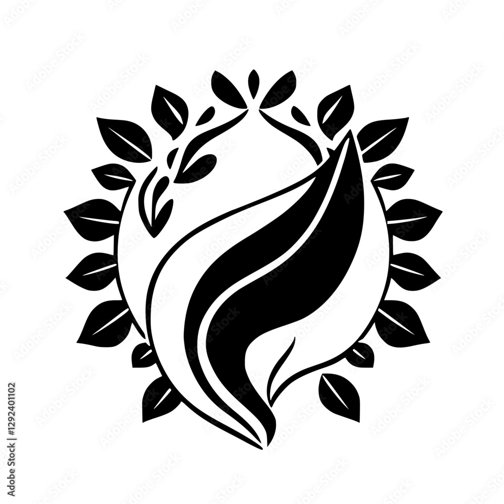 Circular black and white floral logo with a central stylized leaf shape, surrounded by leaves. Circular black and white floral logo with a central stylized leaf shape, surrounded by leaves.