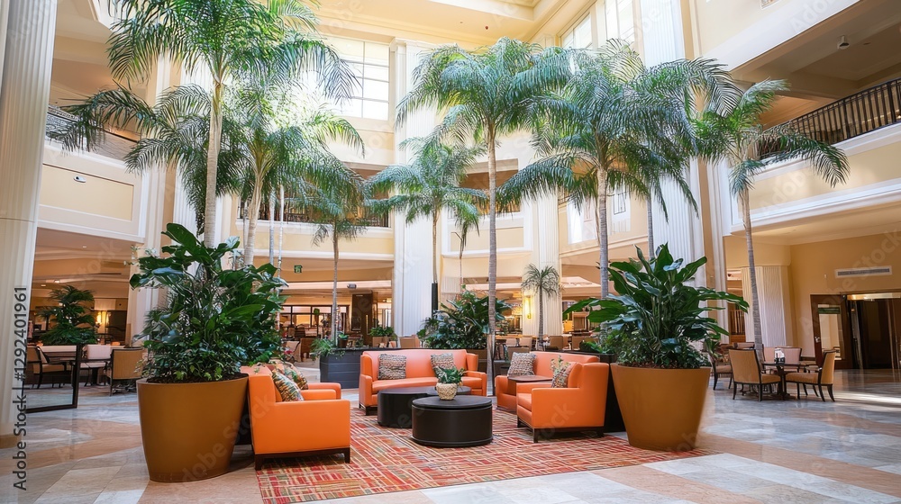 Fototapeta premium Resort-style hotel lobby with open architecture, tropical plants, and a relaxing ambiance