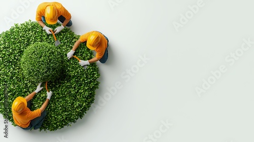 Team of Landscapers Shaping a Lush Green Spherical Shrub