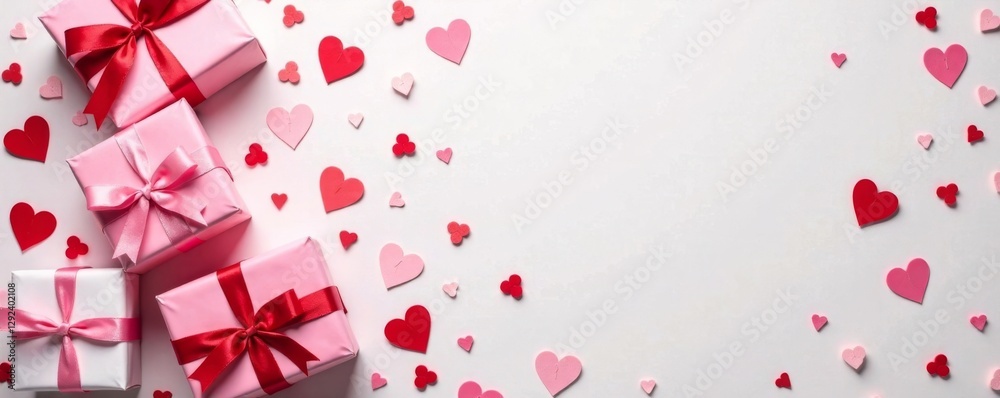 Flat lay of Valentine's Day gifts boxes with confetti and candy hearts on a soft white background, gift, present