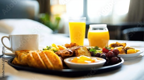Room service tray with gourmet breakfast, fresh juice, and coffee on a neatly made hotel bed