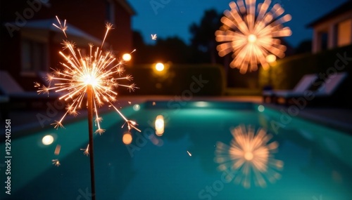 Glittering sparkler shines bright against a swimming pool bokeh background, with fireworks and confetti celebrating a joyous night, birthday, night