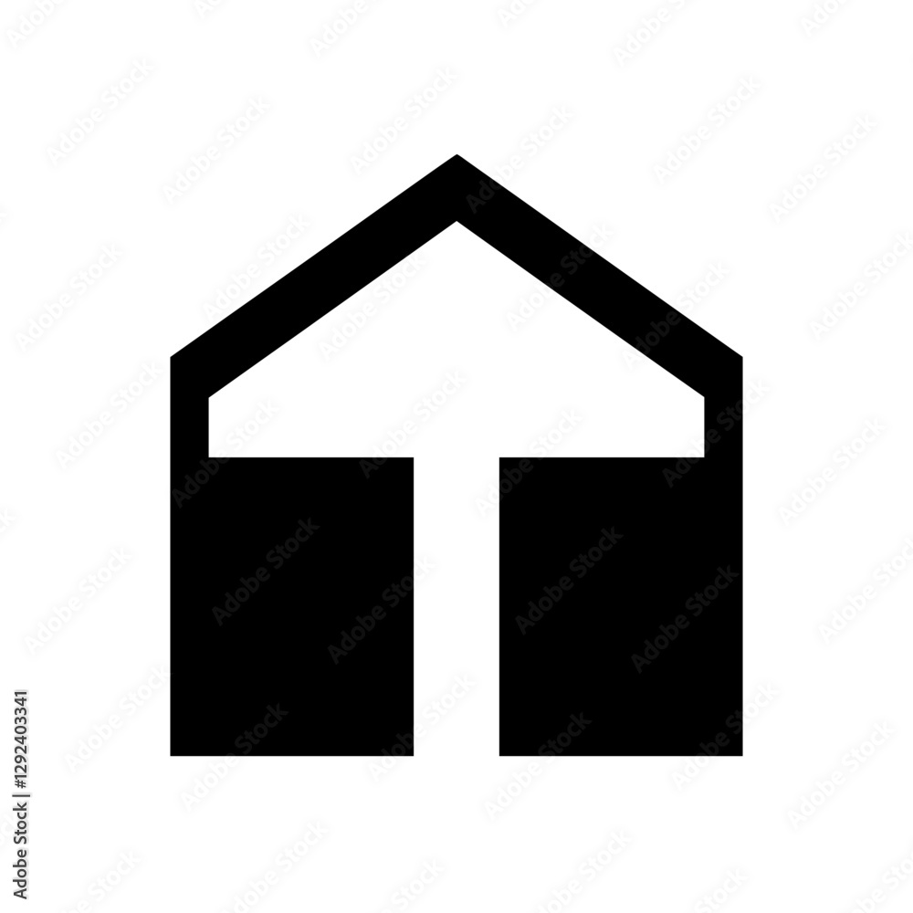 Black and White Geometric House-Shaped Icon with White Central Elements, Minimalist Design. Black and White Geometric House-Shaped Icon with White Central Elements, Minimalist Design.