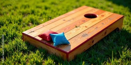 High angle view of corn hole game with bean bags and wooden planks, bean bag toss, furniture